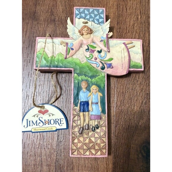 Jim Shore #4008104 GUARDIAN ANGEL CROSS Hanging Ornament Wall Art Children Pink - Picture 1 of 7